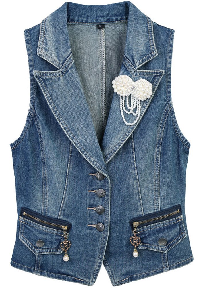 CYSTYLE Damen Blazer Weste Jacke Ärmellos Einfache Beiläufige Jeansweste mit Perle Korsage (EU M=Asia XL)