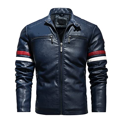 Herren Vintage Motorradjacke Herren Mode Biker Lederjacke Male Stickerei Bomber Mantel Winter Fleece PU Overcoat, Marineblau 3, XL
