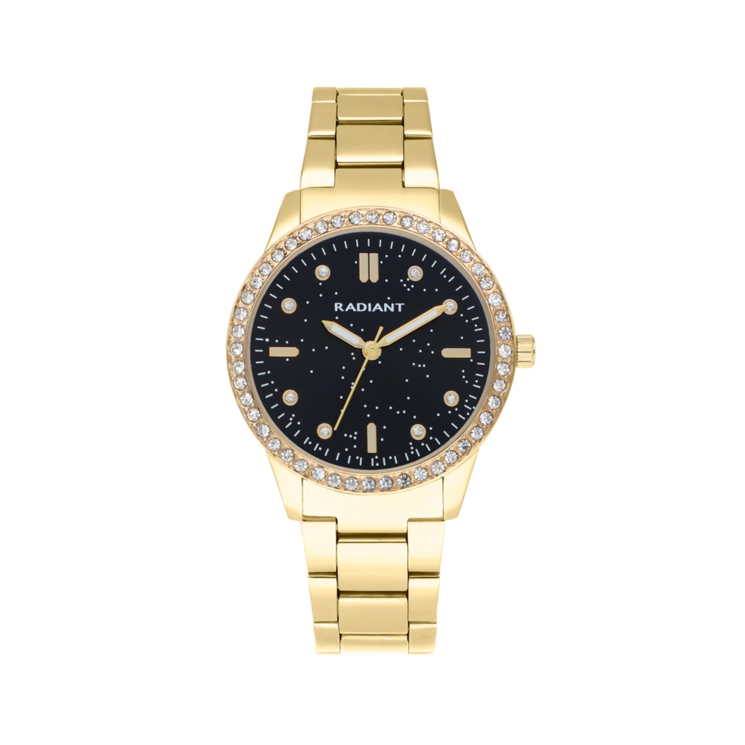 Radiant - Universe Kollektion - Analog Quarzuhr - Armbanduhr für Frauen. Silbernes Armbanduhr mit blauem Zifferblatt, silbernem Armband und glänzenden Steinen auf der Lünette. 3ATM.