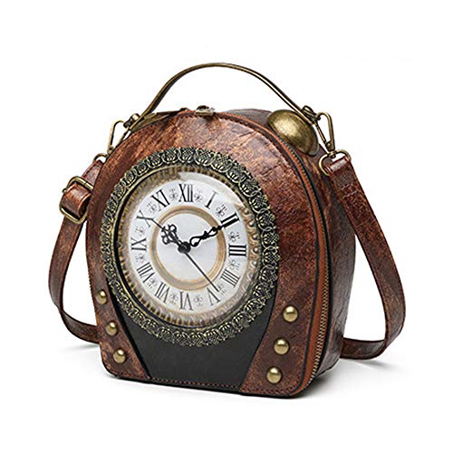 Echte Arbeitsuhr Handtaschen Antike Uhr Design Frauen Abend Cross Body Umhängetasche, Pu Leder Retro Vintage Steampunk Style Cross Body Umhängetasche für Frauen Mädchen (Brown)