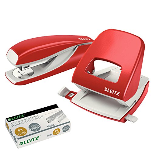Leitz 5008 NeXXt Series Bürolocher, Metall, bis zu 30 Blatt / Kombi-Set mit Heftgerät + 1000 Klammern extra (rot)