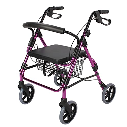 Rollator für Senioren mit Sitz und 8-Zoll-Rädern und Bremsen, zusammenklappbarer strapazierfähiger Rollator für den Außenbereich mit Rückenlehne und Körben, höhenverstellbar (Color : Purple)