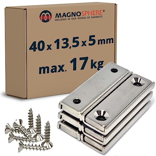 6 Stück - Magnetleiste starker Magnethalter 40 x 13,5 x 5mm, Neodym Magnet extra stark mit Senkbohrung, starker Halt, für Büro, Haushalt oder Werkstatt - hält 17 kg