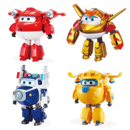 Super Wings Supercharged Jett & Supercharged Paul & Supercharged Donnie & Golden Boy Transforming Toy 4er Pack Spielzeug für 3+ Jahre alte Jungen Mädchen, Mehrfarbig, 5"