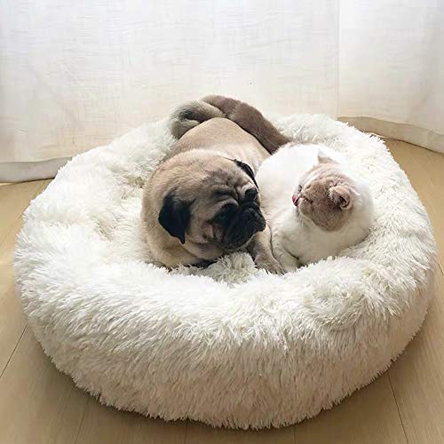 Deluxe Hundebett aus weichem Fell,maschinenwaschbar,selbstwärmender gemütlicher Schlaf mit Weich Kissen für mittelgroße und große Hunde und Katzen-XXL:110CM-Weiß