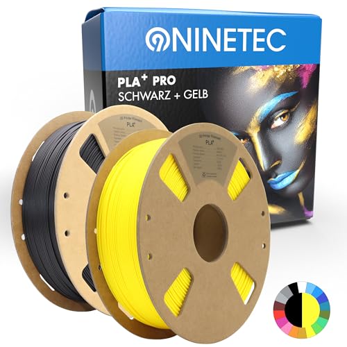 NINETEC BIO PLA+ Filament 1.75mm PLA Plus 3D Drucker Filament 1 kg Spule Maßgenauigkeit +/- 0,03mm PLA+ FDM Druckerverbrauchsmaterial PLA+ Pro 2er Set Schwarz + Gelb