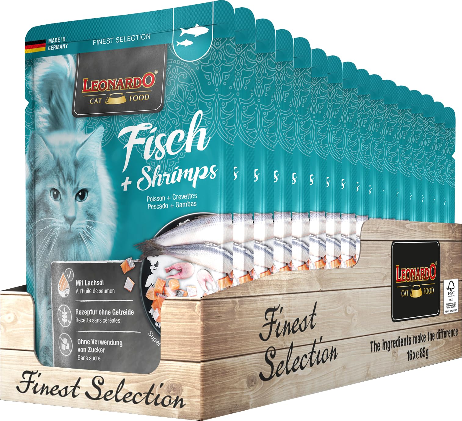Leonardo Frischebeutel [16x85g Fisch & Shrimps] | Getreidefreies Nassfutter für Katzen | Feuchtfutter Alleinfutter im Einzelportionsbeutel