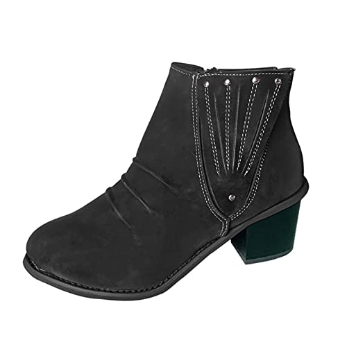Stiefel Frauen Mode Reine Farbe Runde Zehen Bowknot Zipper Square Heels Vintage (40,Schwarz)