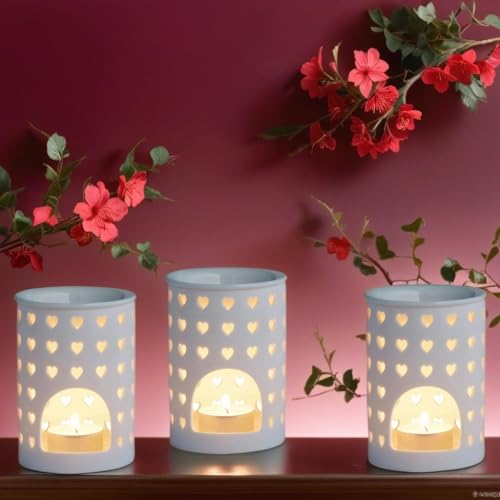 3er Set Duftlampe Tuan 1 aus Keramik für Teelicht in Weiß | LampeAroma Duft öl | Windlicht Teelichthalter innen und außen | Weiße Landhaus Duftlampen Aromalampen als Dekoration