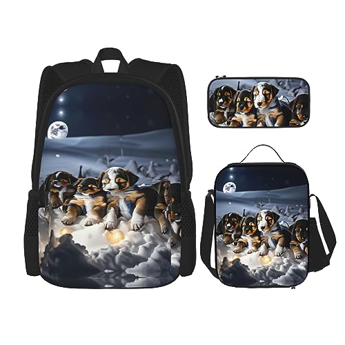 OdDdot Schulrucksack-Set, Reiserucksack, leichte Büchertasche, mit Lunchtasche, Federmäppchen, italienisch-toskanischer Druck, Husky Welpen Hunde, Einheitsgröße, Schulranzen-Set