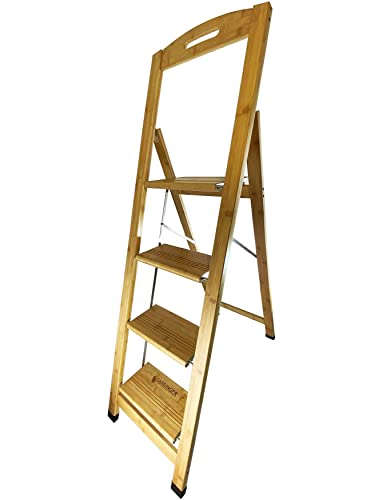GARDINGER Haushaltsleiter Bambus 4 Stufen Massivholz (Holzleiter Trittleiter Sicherheitsleiter Klapptritt)