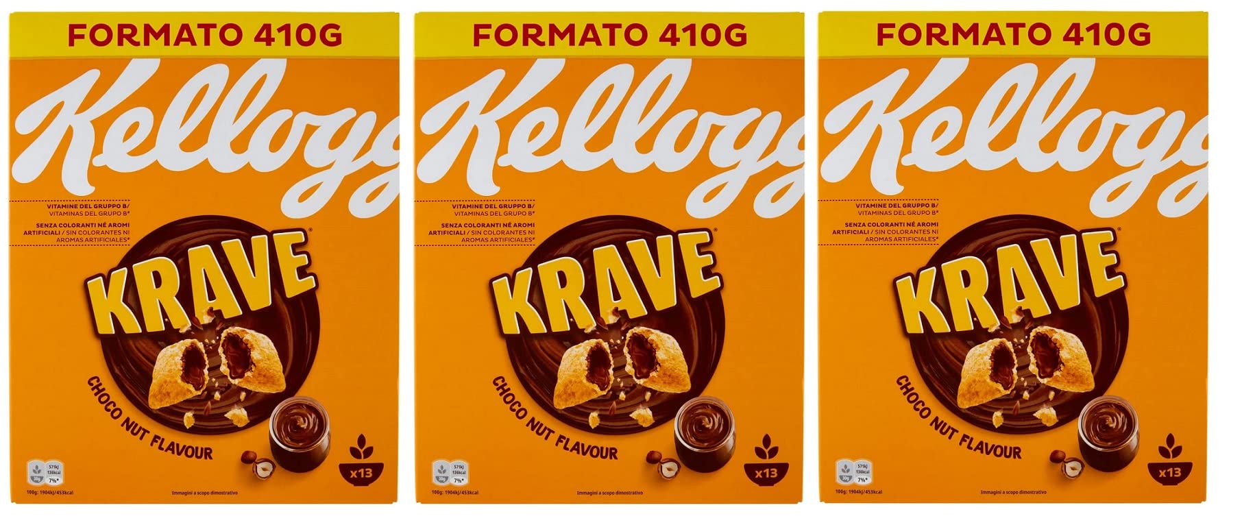 3x Kellogg's Krave Choco Nut Gemischte Cerealien Bündel mit Schokoladenfüllung mit Haselnuss Geschmack und Vitaminzusatz 410g Packung