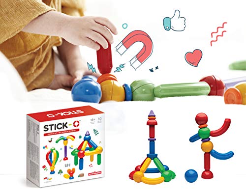 Stick-O magnetische Bausteine für Kinder ab 1 Jahre, kreatives Konstruktionsspielzeug, Lernspielzeug mit Magnet, 36 Modelle für Mädchen und Jungen, Montessori Spielzeug, 30 Teile Set,