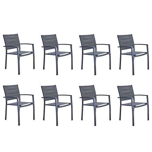 NATERIAL - 8er Set Gartenstühle Orion BETA II mit Armlehnen - Gartensessel - Stapelbar - Terrassenstühle - Essstühle - Aluminium - Textilene - Dunkelgrau