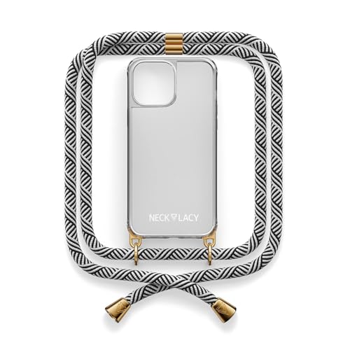 NECKLACY® - Die Premium Handykette für Apple iPhone 15 Plus in Domino Swirl | transparente Handyhülle mit hochwertiger Abnehmbarer Kordel zum Umhängen - Smartphone Crossbody