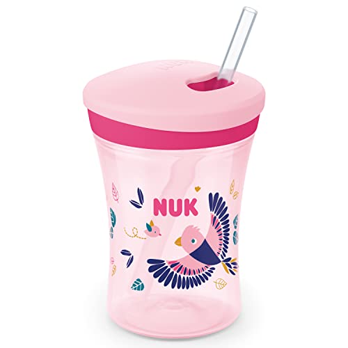 NUK Action Cup Trinkbecher Kinder | Chamäleon Effekt | 12+ Monate | Drehdeckel mit weichem Strohhalm | auslaufsicher | BPA-frei | 230 ml | Vogel (rosa), Kunststoff
