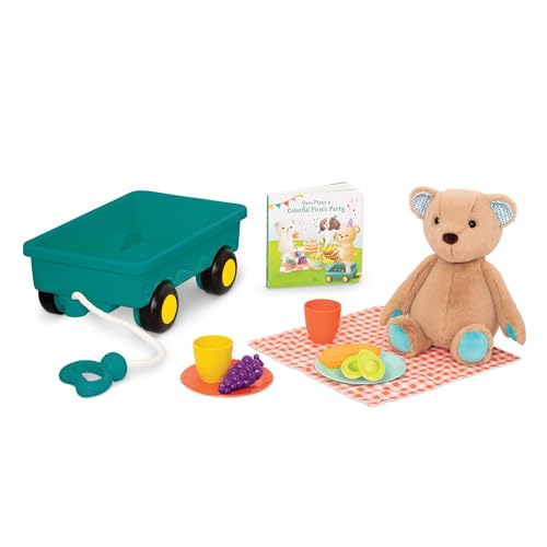 B. toys Picknick Set mit Bollerwagen, Teddybär, Spielzeug Essen, Geschirr, Bilderbuch, Picknick Decke – Kinderküche Zubehör für Kinder ab 18 Monate