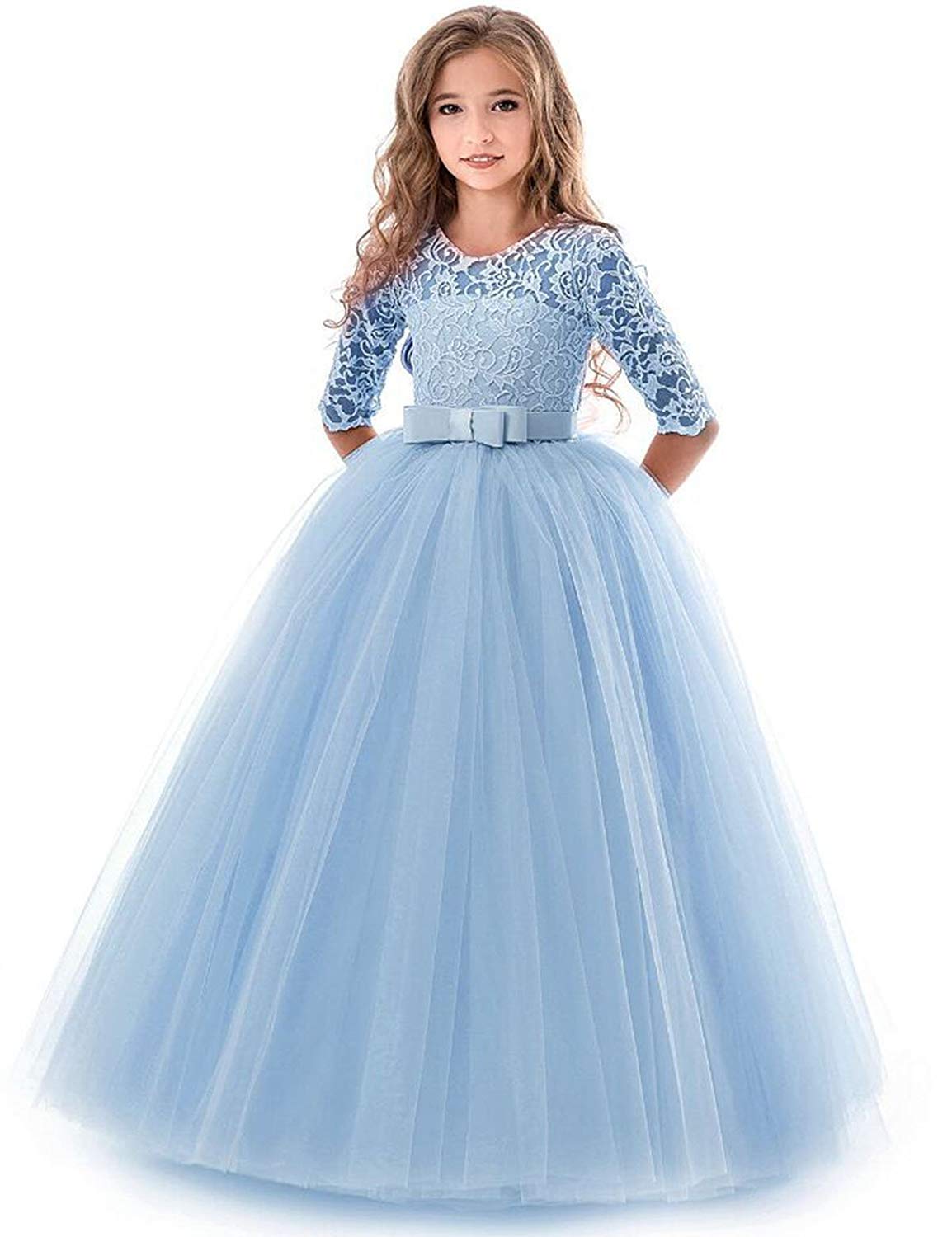 IBTOM CASTLE Blumensmädchenkleid Prinzessin Festliches Kinder Mädchen Kleid Festzug Kleider Hochzeit Partykleid Blau 13-14 Jahre