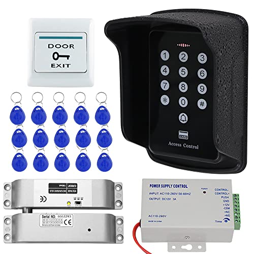 KUMU Volles Zugangskontrollsystem RFID 1000 Benutzertastatur, Bolzensteckschloss, Netzteil, Türausgangsentriegelungsknopf, Regenschutz, 15 Stück RFID 125 kHz Schlüsselanhänger