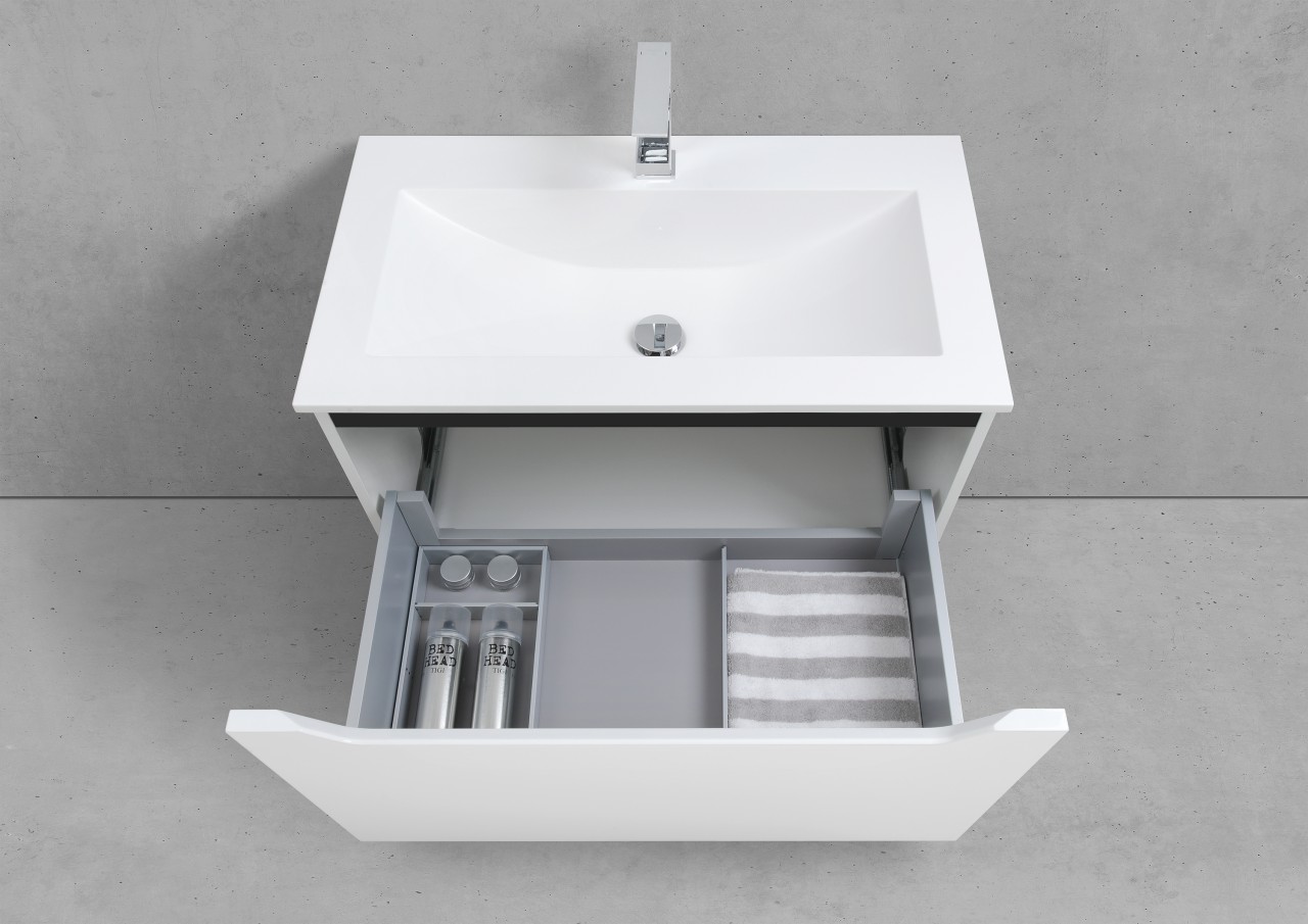 Design Badmöbel Set Waschtisch 80 cm, Grau Hochglanz Griffleiste Weiß Hochglanz Lack 5