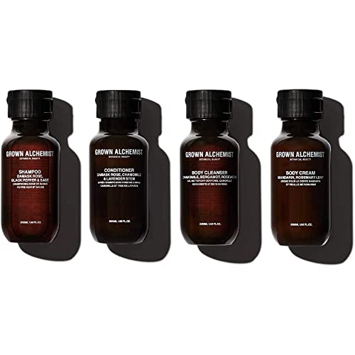Grown Alchemist Reise-Essentials-Kit: 4er-Pack Körperreinigung, Körpercreme, Shampoo und Spülung - mit Damaszener Rose, schwarzem Pfeffer, Kamille, Bergamotte - 50mL