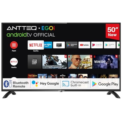 Antteq AG50D1 Smart TV 50 Zoll Android Google Fernseher UHD 4k, Hey Google,Voice Control,DAZN,Google Play Store,Chromecast,Bluetooth-Sprachfernbedienung,Netflix,Prime Video,Disney+,Wi-Fi,Triple Tuner