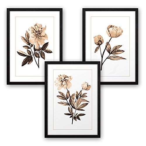 3-teiliges Premium Poster-Set | Kunstdruck | Blumen | Deko Bild für Ihre Wand | optional mit Rahmen | Wohnzimmer Schlafzimmer Modern Fine Art | DIN A4 / A3 (A3, schwarzer Rahmen)