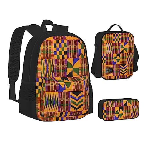Afrikanische Tribal-Ethno-Textur, bedruckte Büchertasche mit Lunchtasche und Federmäppchen für Grundschule, 3-teiliges Rucksack-Set, Schwarz , Einheitsgröße, Schulranzen-Set