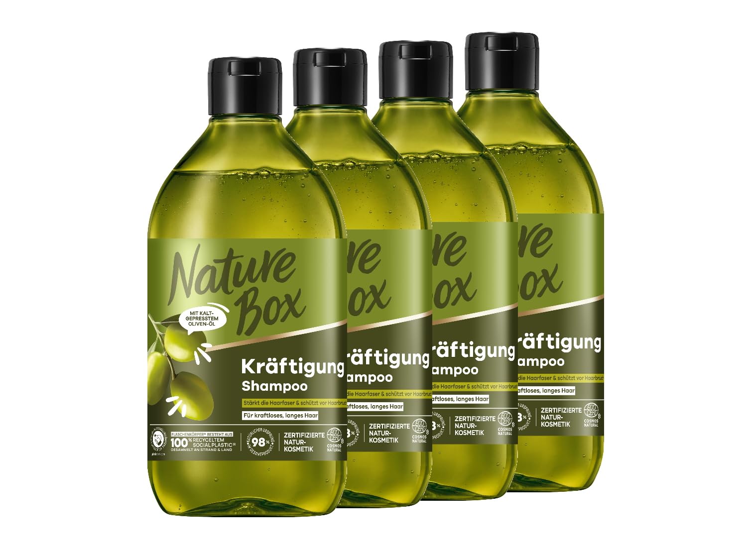 Nature Box Shampoo Kräftigung (4x 385 ml), Shampoo für lange Haare mit Oliven-Öl schützt vor Haarbruch und verleiht gepflegtes Haar, Flasche aus 100% recyceltem Social Plastic