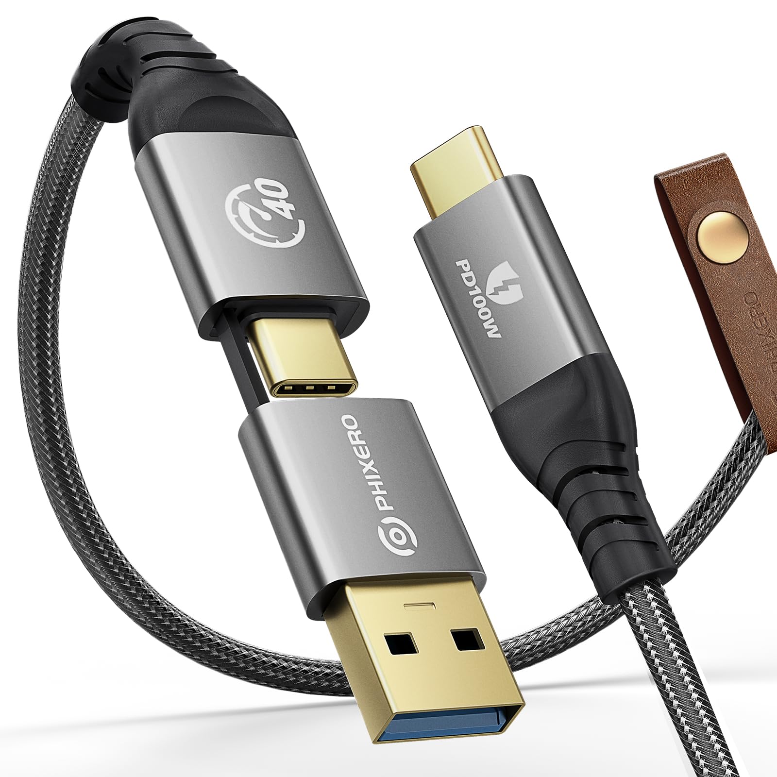 PHIXERO für Thunderbolt 4 Kabel 1M, 40Gbps Datentransfer/ 8 K@60 Hz Videoausgang/ 100W USB-C auf USB-C Ladekabel, 2 in 1 USB-A/C Kompatibel mit USB 4, Thunderbolt 3, MacBook, Docking, eGPU