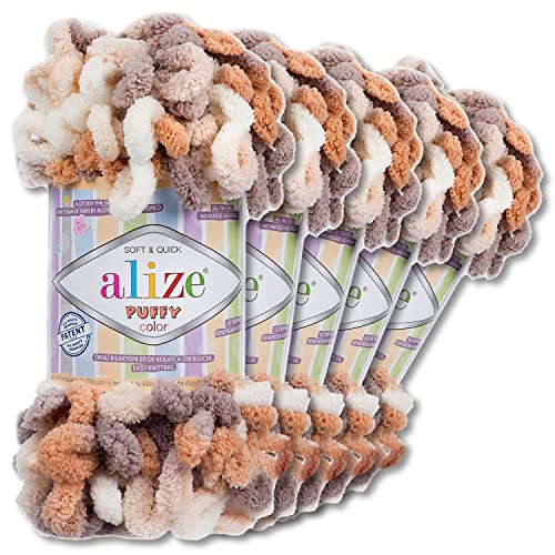 Wohnkult Alize 5x100 g Puffy Color Premium Wolle 26 Farbkombinationen Chenille Handarbeit Stricken und Häkeln ohne Hilfsmittel Smart Yarn (5926)