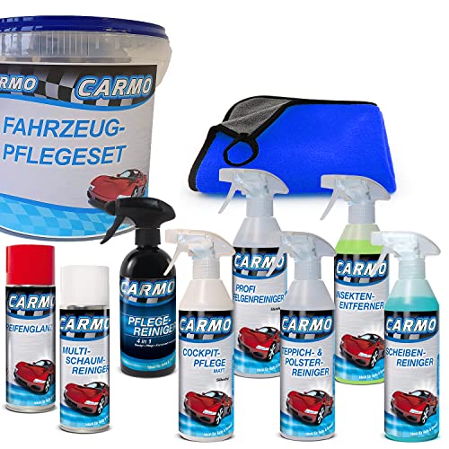 CARMO Autopflegeset Basic | 9-teilig | Außen- und Innenreinigung | Komplettset zur Fahrzeugwäsche | Geschenkset | inkl. Mikrofasertuch | inkl. Aufbewahrungseimer