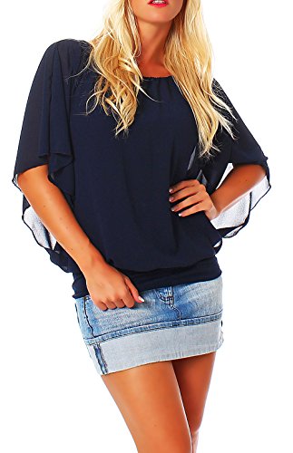 Damen Bluse im Fledermaus Look | Tunika mit Rundhals und breitem Bund | Blusenshirt Kurzarm | Elegant - Shirt 6296 (dunkelblau)