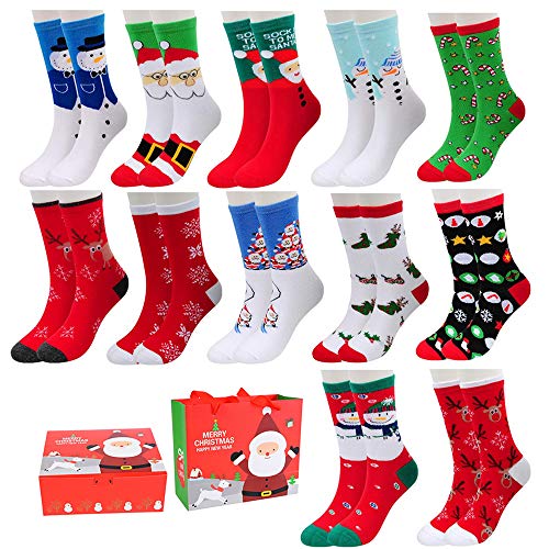 Shujin Unisex Weihnachtssocken 6/12 Paare Mix Design Weihnachten Socken Festlicher Spaß Neuheit Weihnachtsmotiv Socken Christmas Socks Atmungsaktive für Damen und Herren (One Size,12 Paar)