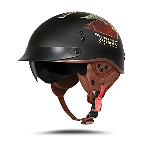 BOSERMEM Motorradhelm Mit Schutzbrille DOT/ECE-Zugelassen, Jethelm Roller-Helm Scooter-Helm Moped Mofa-Helm Chopper Vintage(Mattschwarz Lucky, M 57-58cm)
