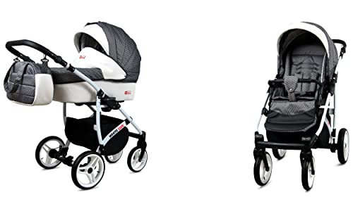 BabyLux White Lux 2-in-1 Baby Kinderwagen Tief und Kinderwagen mit Zubehör Verstellbar und faltbar Aluminium Konstruktion Wasserdicht Nicht abnehmbare Räder Grey Cubic