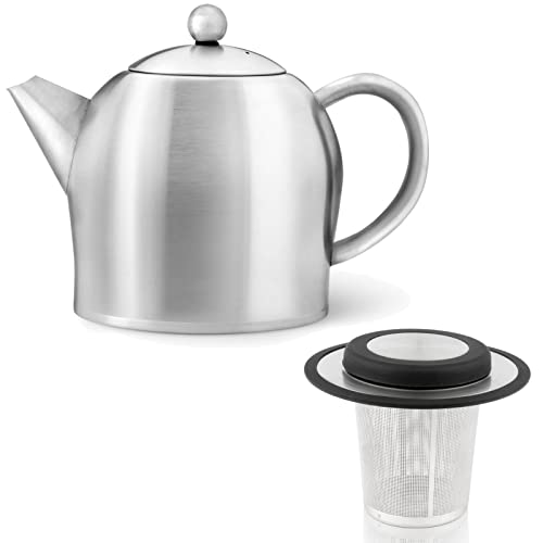 Teekanne Set 0.5 Liter - Edelstahl matt doppelwandig - Kleiner Teebereiter mit Tee-Filter-Sieb-Aufsatz für losen Tee