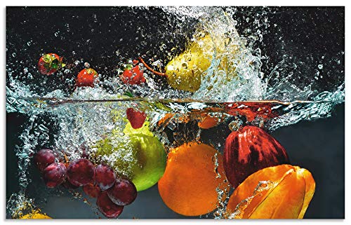 Artland Spritzschutz Küche aus Alu für Herd Spüle 80x50 cm Küchenrückwand mit Motiv Essen Obst Früchte unter Wasser Erbeeren Trauben Orange S6JP