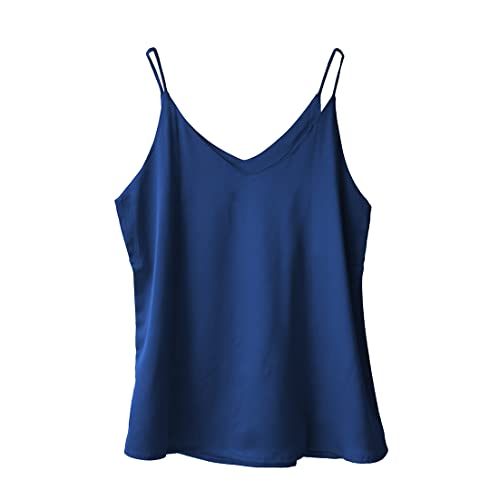 Wantschun Damen Satin Silk Weste Bluse Tank Tops Shirt Cami Spaghetti Träger Camisole Vest V-Ausschnitt Basic - Navy Blau ; 2X