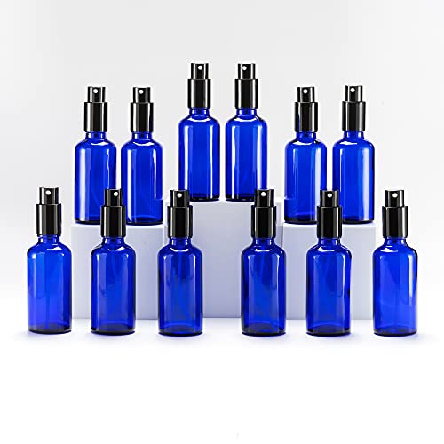 Yizhao 50ml Blau Glas-Sprühflasche, Leere Feine Sprühflaschen mit Metallkappe für Reinigung, Aromatherapie, Diffusor für ätherische Öle, Massage, Haare, Haustiere-12Pcs