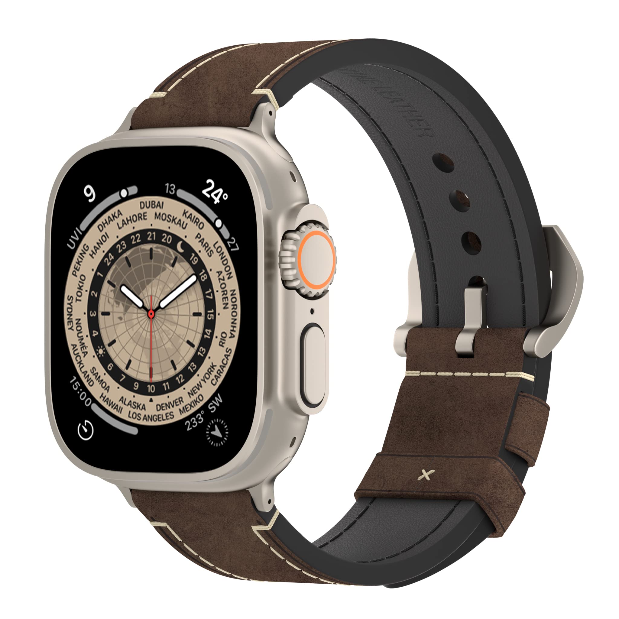 Arktis Lederarmband kompatibel mit Apple Watch Ultra 1, 2 mit 49 mm PALERMO GRANDE Ersatzarmband (Vintage-Look) [Titanfarbene Konnektoren] Dornschließe [316L-Edelstahl] (Terrabraun)