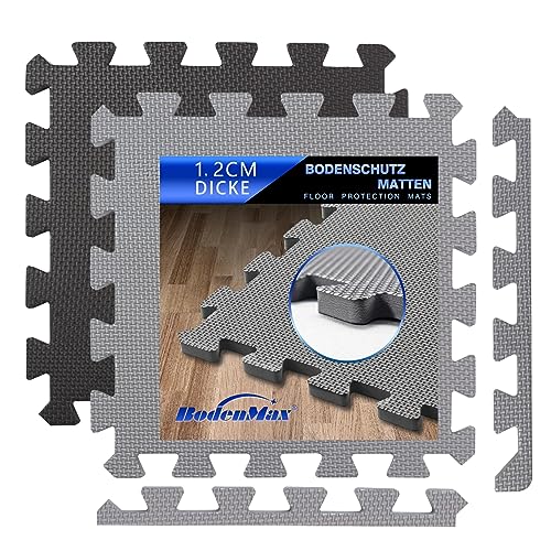 BodenMax Puzzlematte grau + antirutsch Pads | Sportmatten Bodenschutzmatte Fitnessmatte Schutzmatte für Fitnessraum 32 x 32 x 1,2 cm 𝐞𝐱𝐭𝐫𝐚 𝐝𝐢𝐜𝐤 [20% mehr Schutz] | 36 Stück