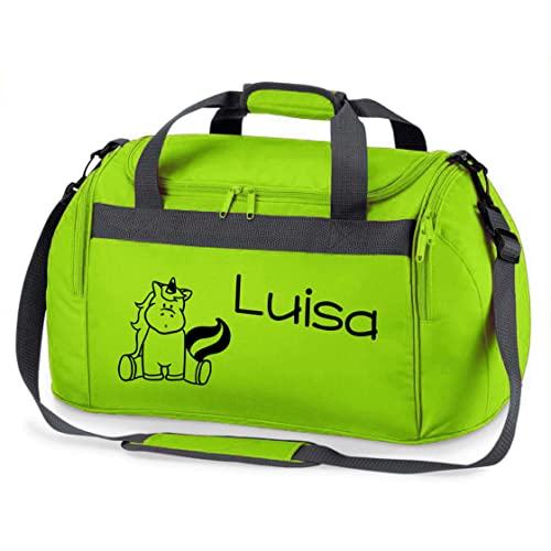 Sporttasche mit Namen für Mädchen | Motiv Einhorn für Kinder | Personalisieren & Bedrucken | Reisetasche Umhängetasche Duffle Bag (apfelgrün)