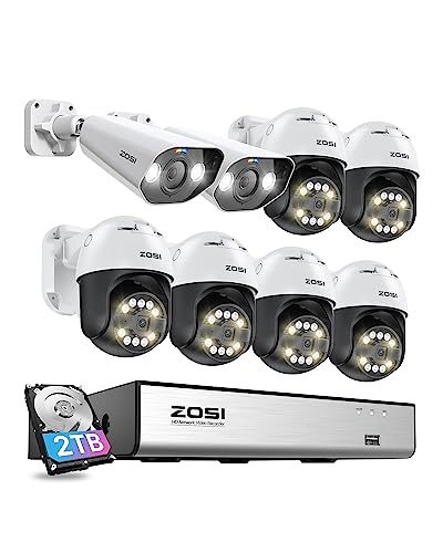 ZOSI 5MP PoE Überwachungskamera Set Aussen, 2X 5MP Bullet und 6X Schwenkbar Dome IP Kameras, 8CH 4K 2TB HDD NVR, Auto-Tracking, Personen-/Fahrzeugerkennung, 2-Wege-Audio