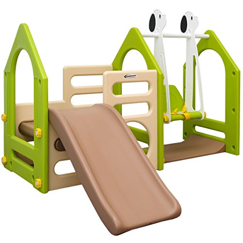 LittleTom Kinder Spielhaus mit Rutsche Schaukel 155x135 cm Kunststoff Spiel-Turm Kletter-Haus für Drinnen Draußen Premium Qualität Beige-Grün-Braun