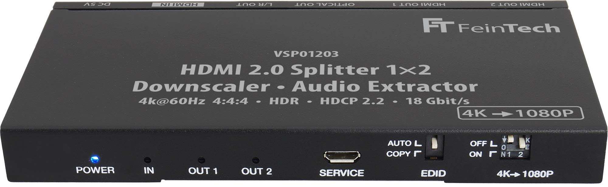 FeinTech VSP01203 HDMI 2.0 Splitter 1x2 Audio Extractor Toslink Down-Scaler 4K 60Hz HDR