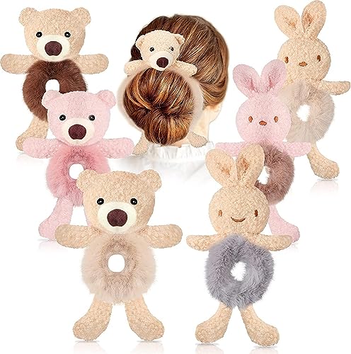 6 Stück niedliche Bären-Haargummis, Hase, Plüsch-Haargummis, Seil, Kaninchen, Krawatten, flauschiges Tier für Frauen und Mädchen, Styling-Werkzeuge