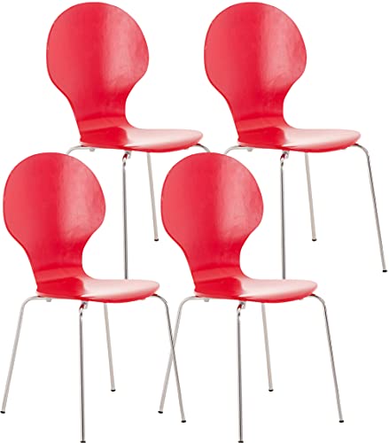 CLP 4X Stapelstuhl Diego l Ergonomisch geformter Konferenzstuhl mit Holzsitz und Metallgestell I Stapelbarer Stuhl mit pflegeleichter Sitzfläche, Farbe:rot