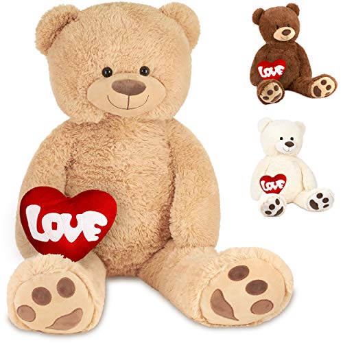 BRUBAKER XXL Teddybär 100 cm Beige mit einem Love Herz Stofftier Plüschtier Kuscheltier