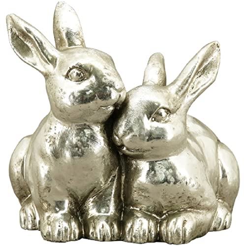 putziges liegendes Osterhasenpaar 2 kuschelnde Osterhäschen Silber antik Shabby Optik matt-glänzend ungleichmäßige Oberfläche (groß: ca. 16,5 x 15 x 18 cm hoch)
